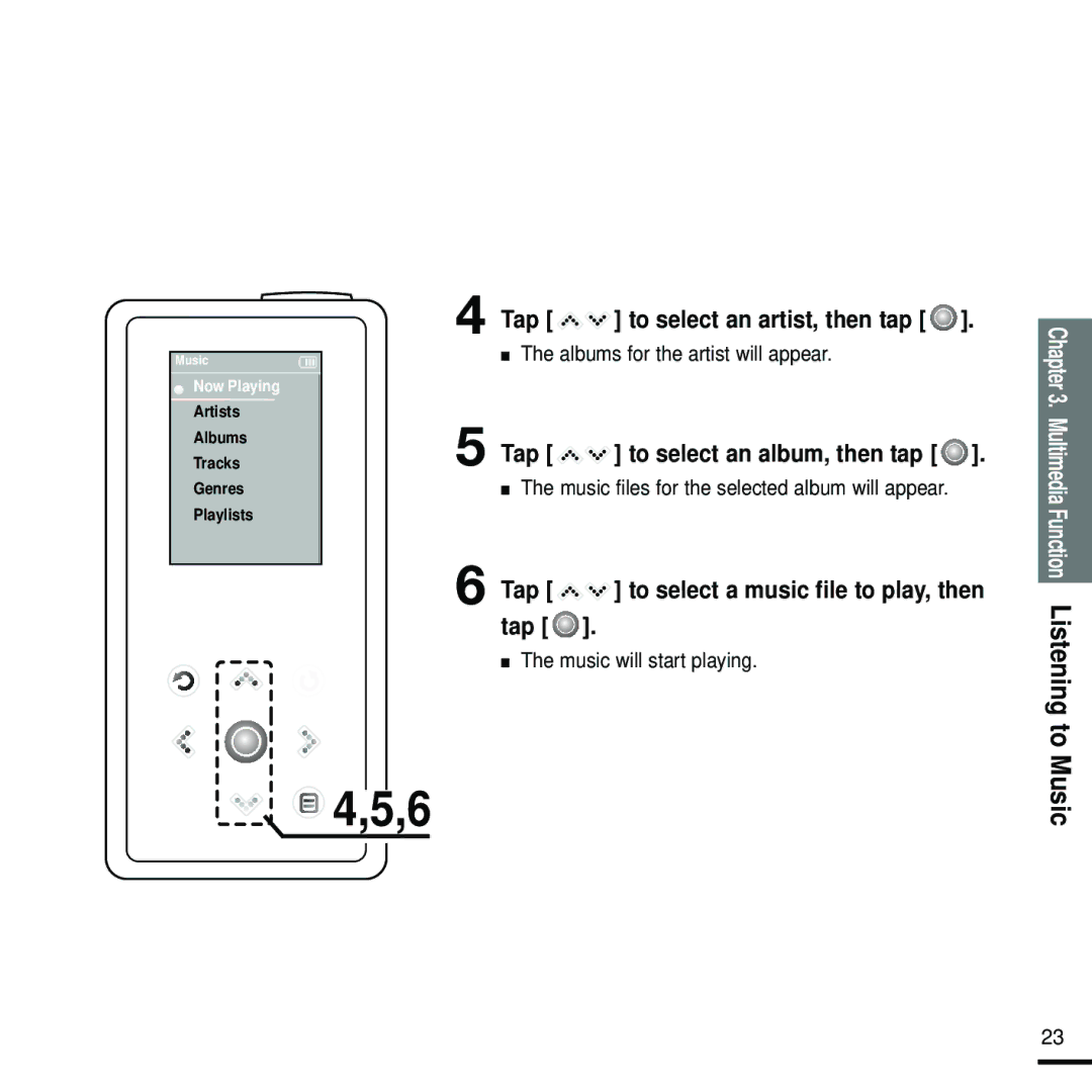 Samsung YP-K5JQB/XEE, YP-K5JAB/XEE manual Albums for the artist will appear, Music files for the selected album will appear 