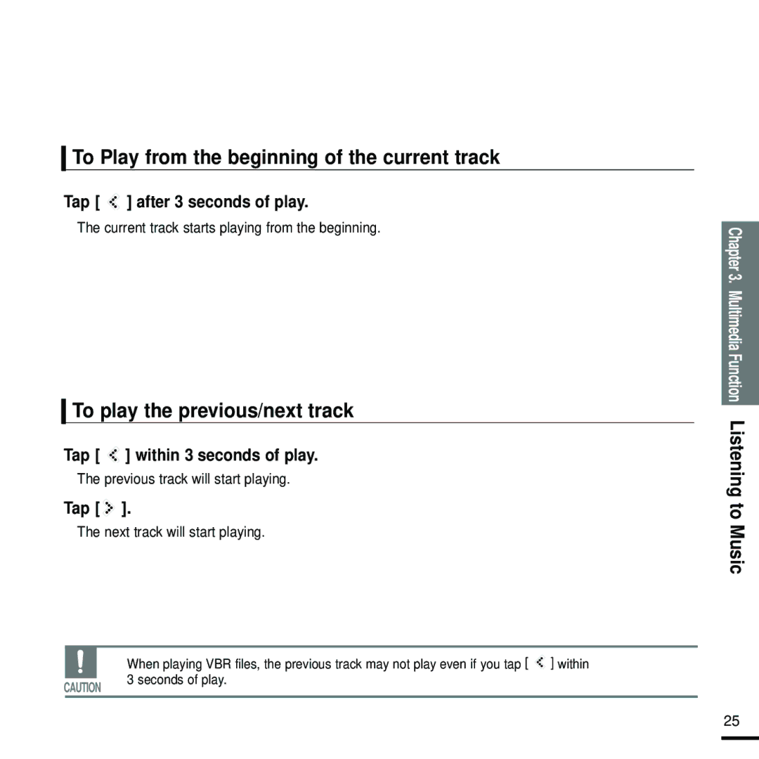 Samsung YP-K5JZB/XEE, YP-K5JAB/XEE manual To Play from the beginning of the current track, To play the previous/next track 