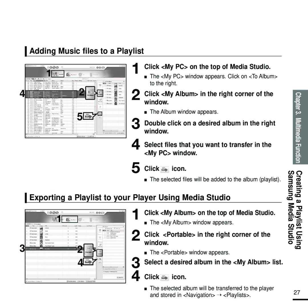 Samsung YP-K5JAB/XEE manual Adding Music files to a Playlist, Exporting a Playlist to your Player Using Media Studio 