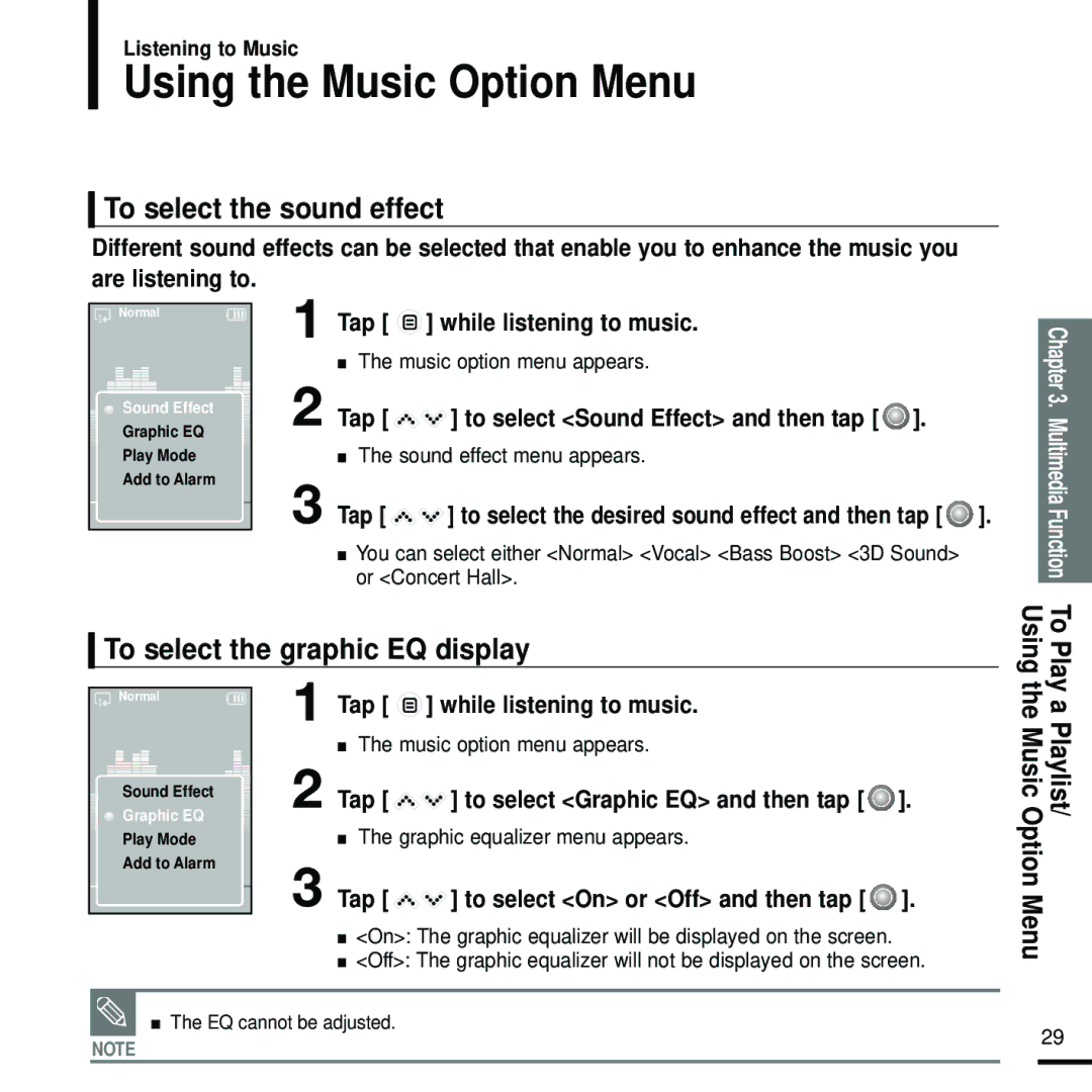 Samsung YP-K5JQB/XEE manual Using the Music Option Menu, To select the sound effect, To select the graphic EQ display 