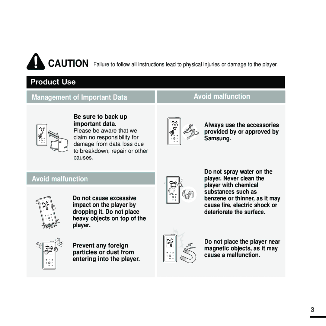 Samsung YP-K5JAB/XEE, YP-K5JZB/XEE, YP-K5JQB/XEE manual Management of Important Data Avoid malfunction 