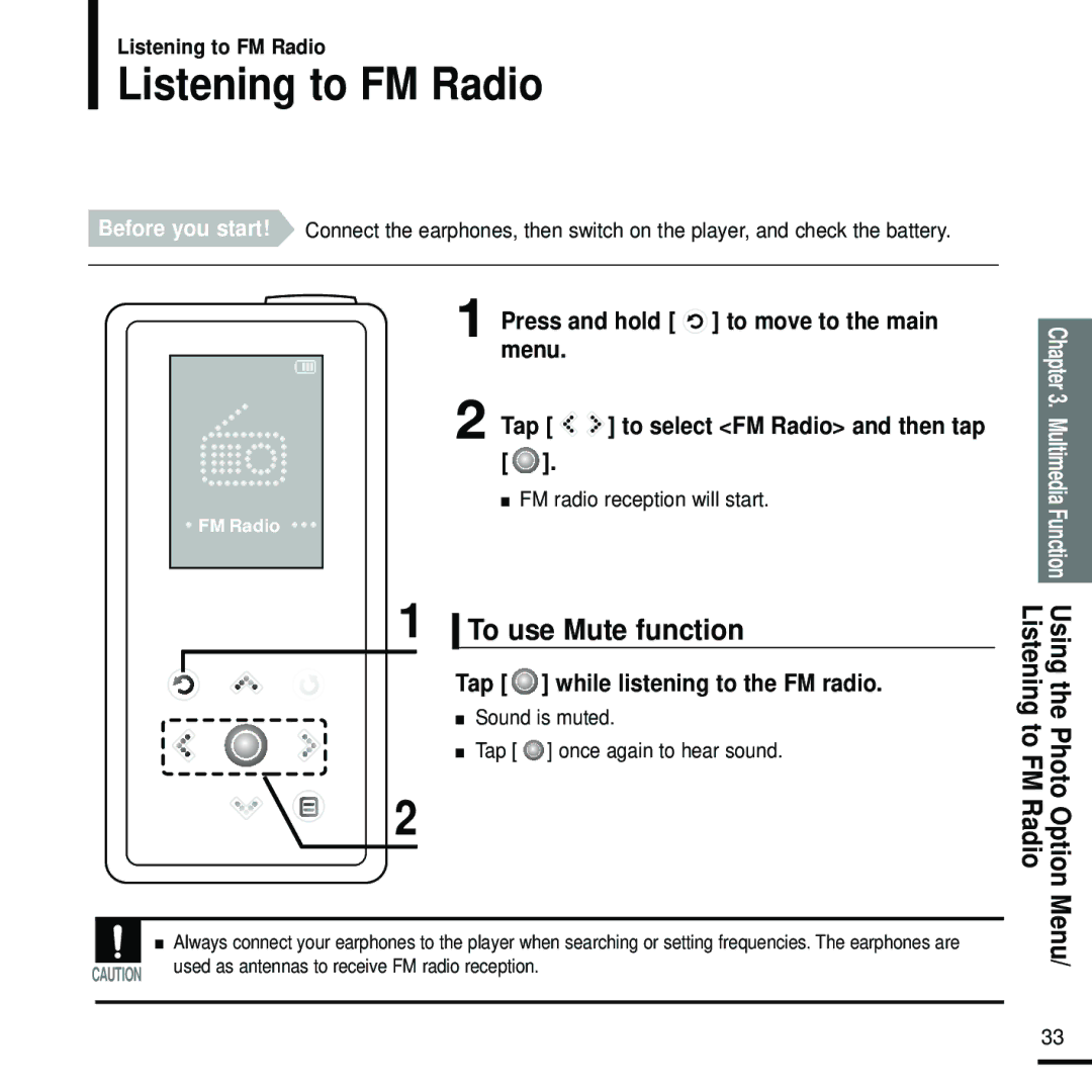 Samsung YP-K5JAB/XEE, YP-K5JZB/XEE manual Listening to FM Radio, To use Mute function, Tap while listening to the FM radio 