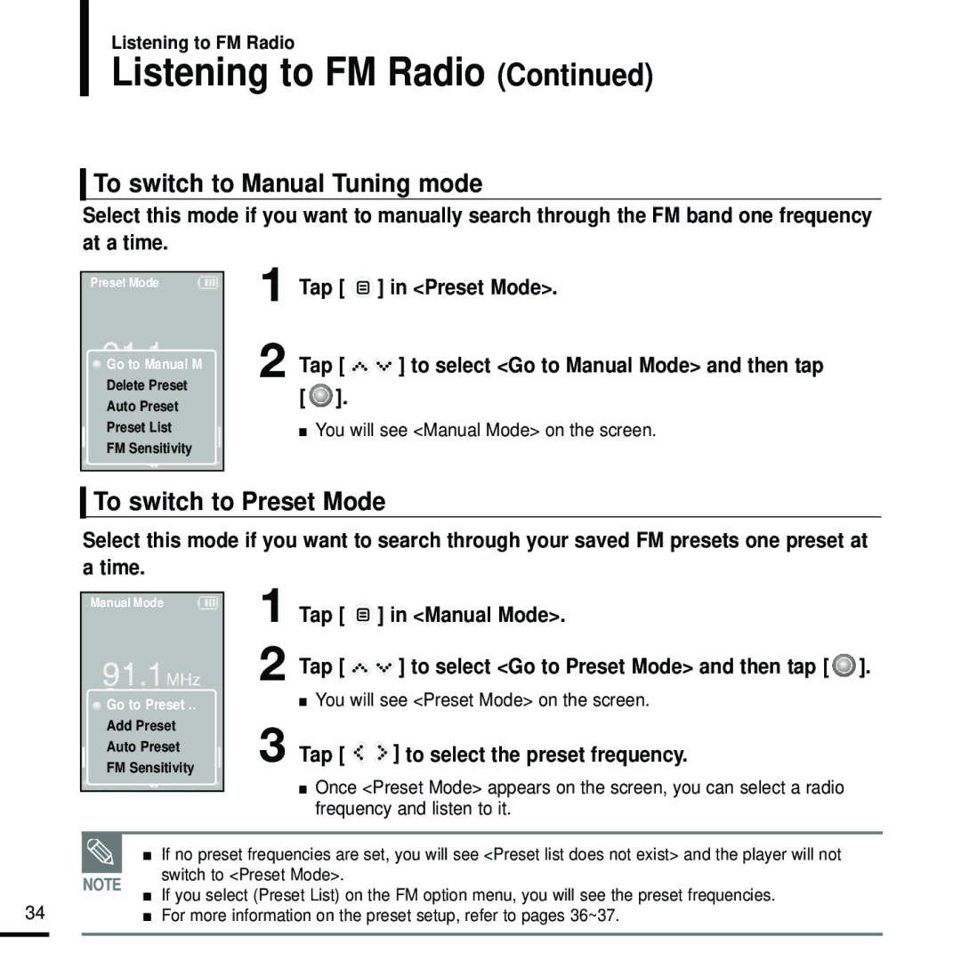 Samsung YP-K5JZB/XEE, YP-K5JAB/XEE, YP-K5JQB/XEE To switch to Manual Tuning mode, To switch to Preset Mode, Tap Manual Mode 