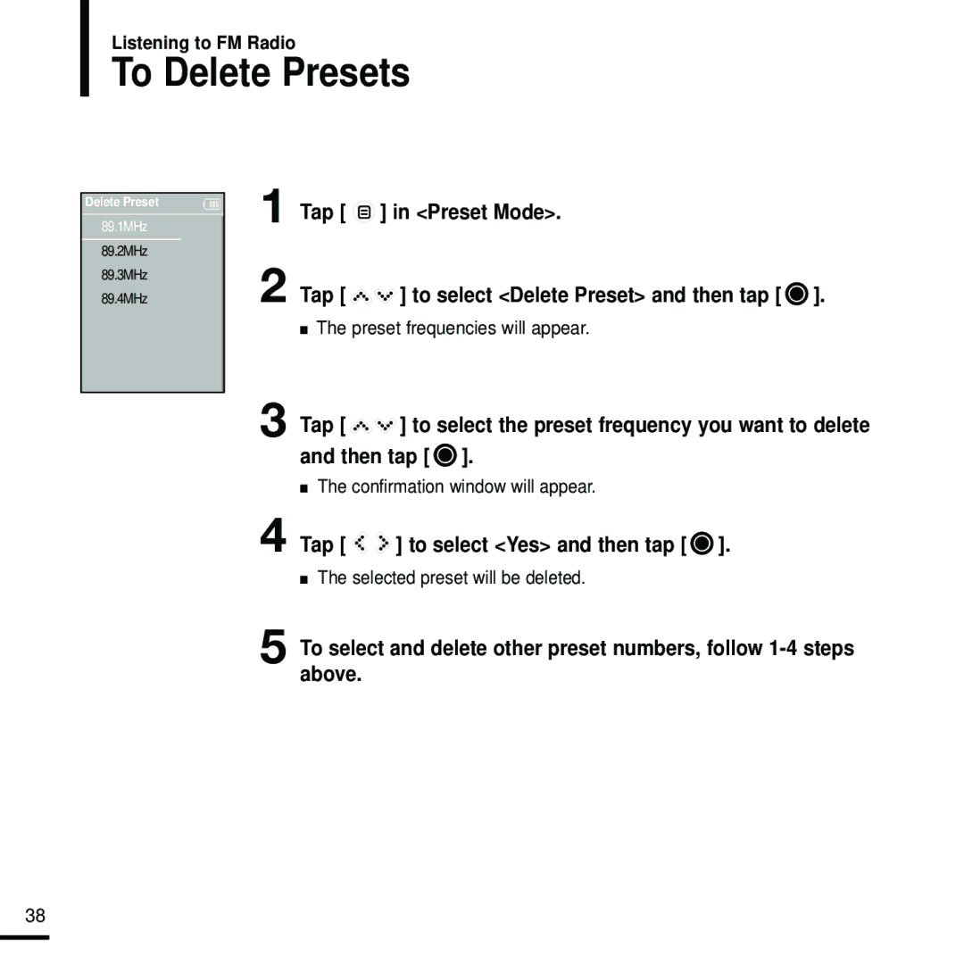 Samsung YP-K5JQB/XEE To Delete Presets, Tap Preset Mode, Preset frequencies will appear, Confirmation window will appear 