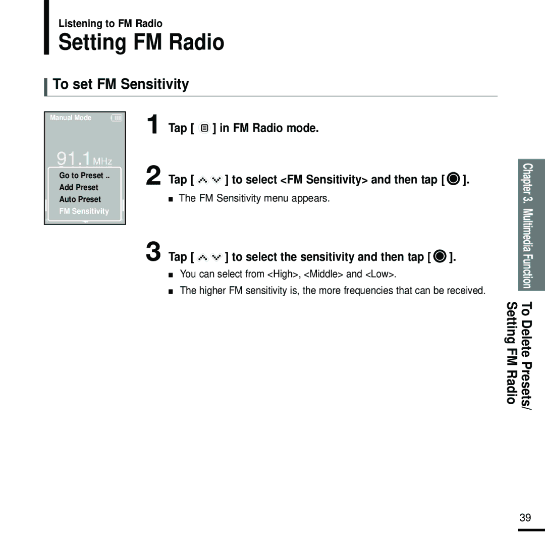 Samsung YP-K5JAB/XEE, YP-K5JZB/XEE Setting FM Radio, To set FM Sensitivity, Tap to select the sensitivity and then tap 