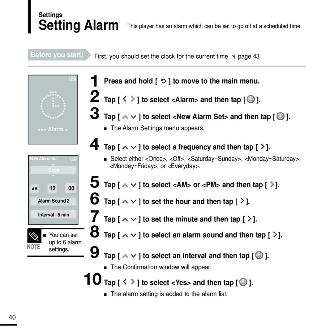 Samsung YP-K5JZB/XEE, YP-K5JAB/XEE Press and hold to move to the main menu Tap, Tap to select New Alarm Set and then tap 