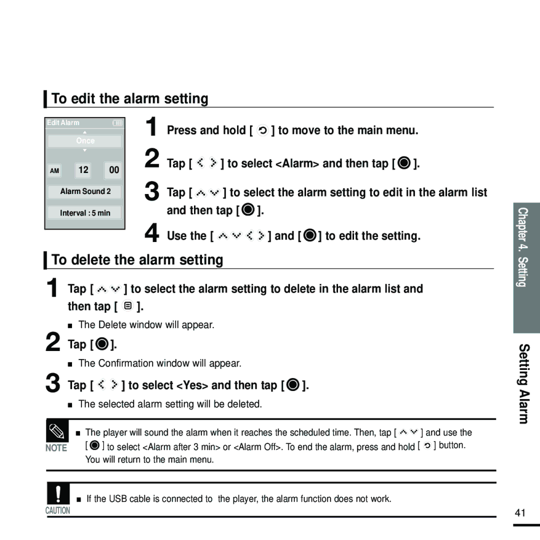 Samsung YP-K5JQB/XEE, YP-K5JAB/XEE manual To edit the alarm setting, To delete the alarm setting, To move to the main menu 