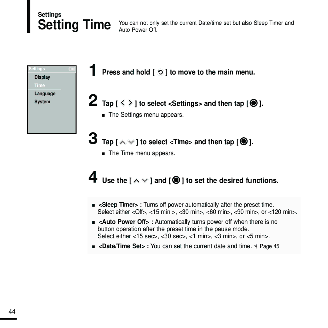 Samsung YP-K5JQB/XEE, YP-K5JAB/XEE, YP-K5JZB/XEE manual Tap to select Time and then tap, Time menu appears 