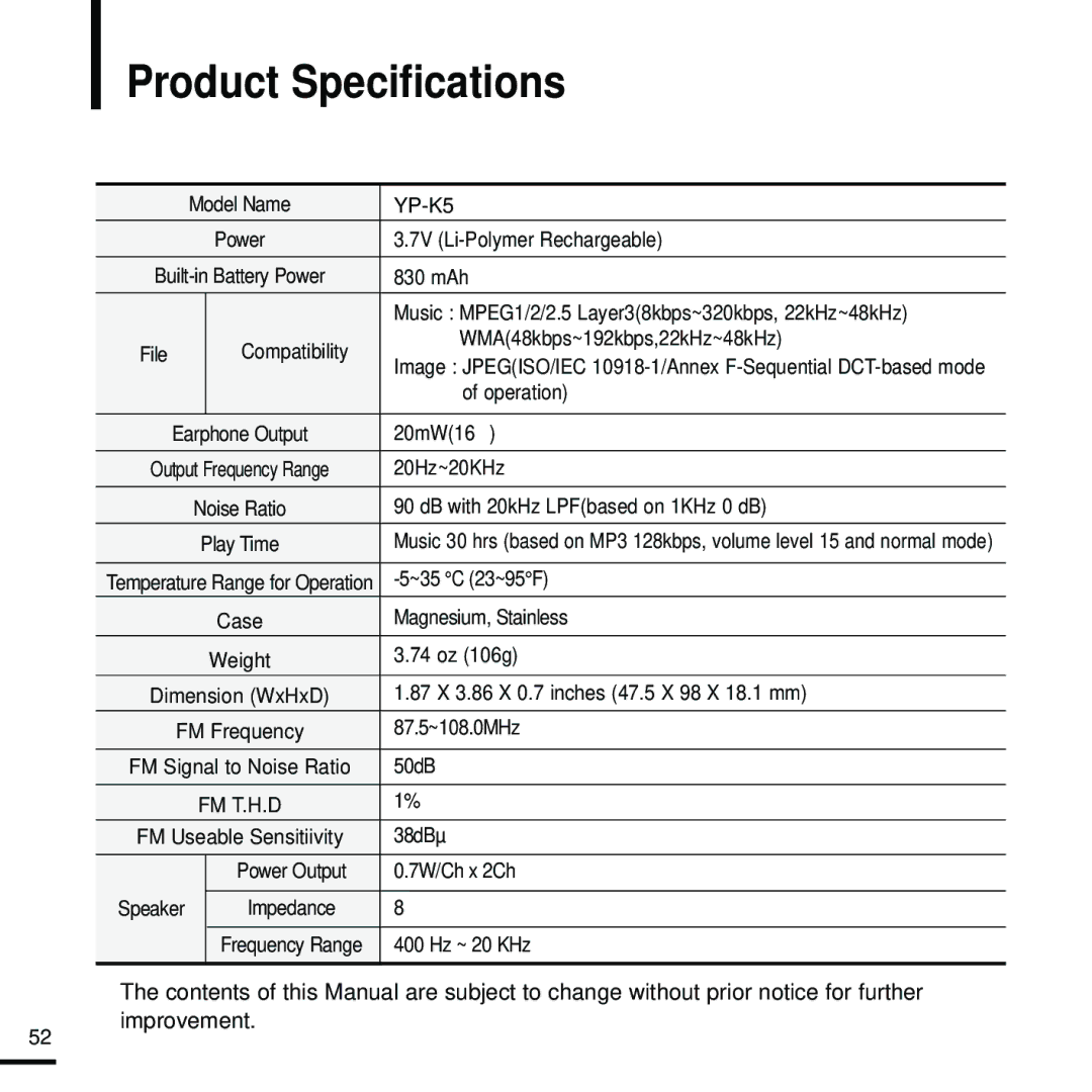 Samsung YP-K5JZB/XEE, YP-K5JAB/XEE, YP-K5JQB/XEE manual Product Specifications 