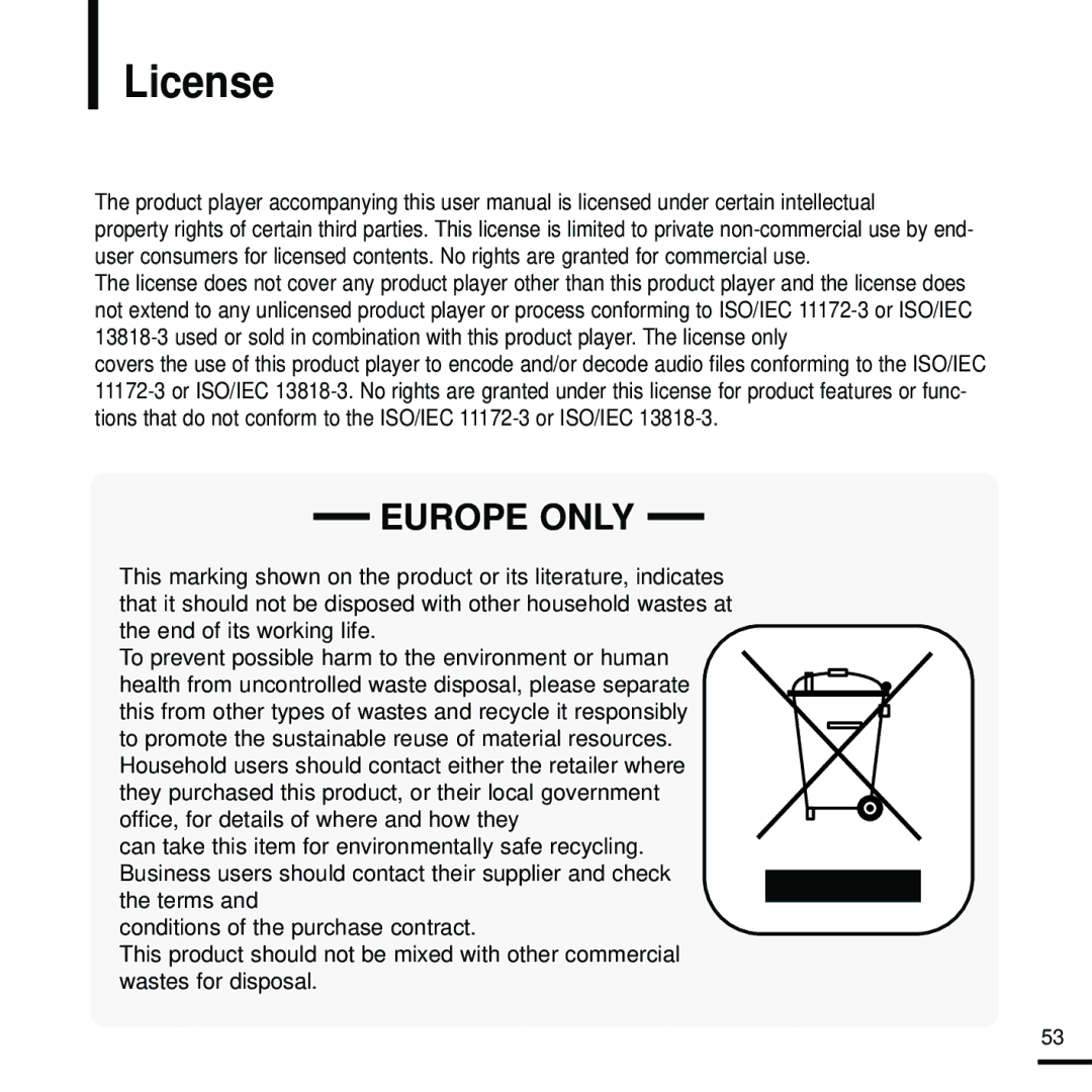 Samsung YP-K5JQB/XEE, YP-K5JAB/XEE, YP-K5JZB/XEE manual License, Europe only 