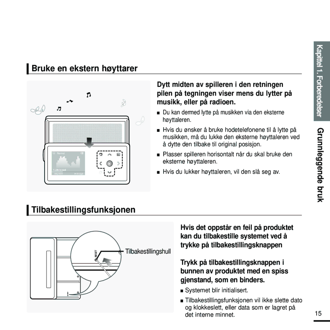 Samsung YP-K5JAB/XEE Bruke en ekstern høyttarer, Tilbakestillingsfunksjonen, Kapittel, Forberedelser Grunnleggende bruk 