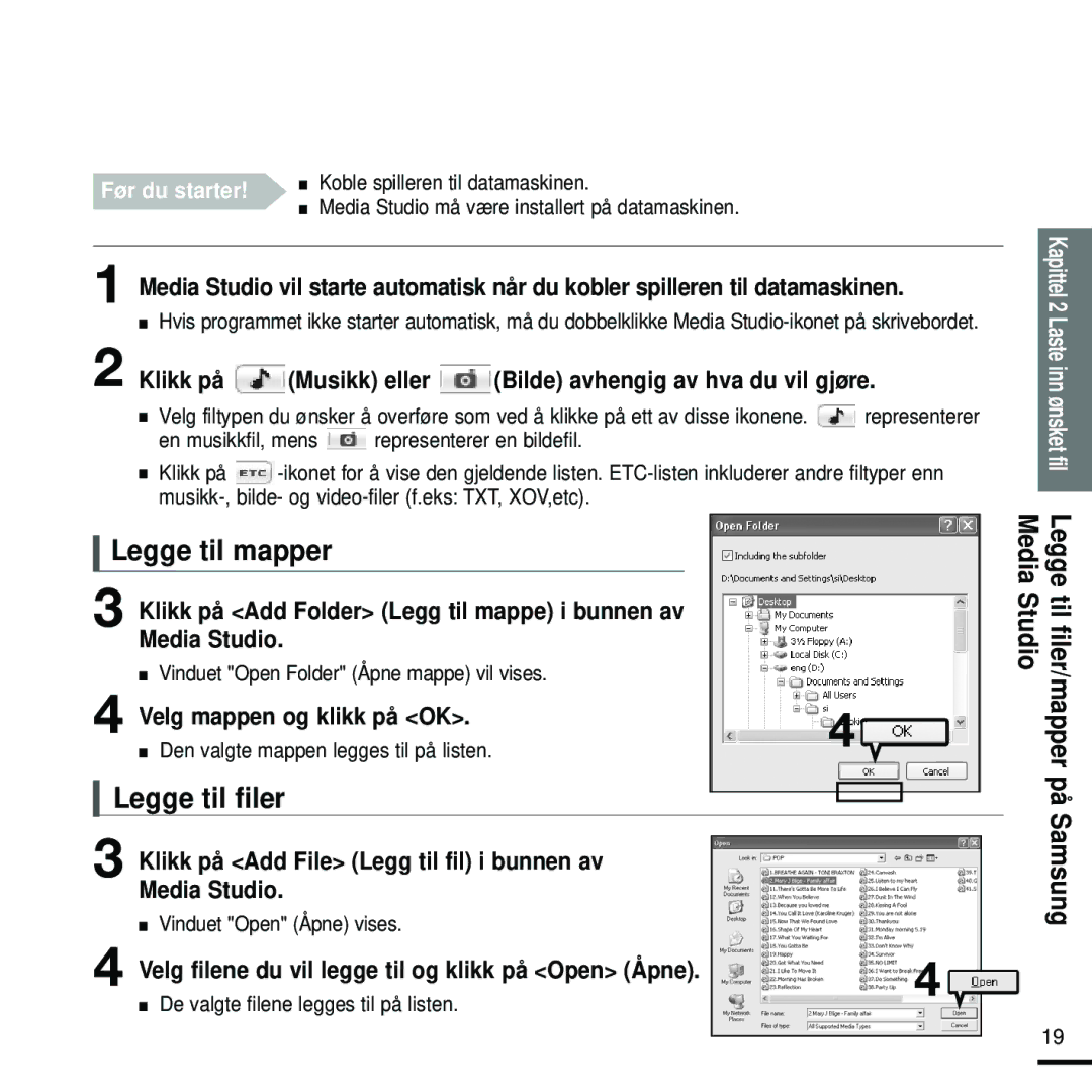 Samsung YP-K5JZB/XEE, YP-K5JAB/XEE, YP-K5JQB/XEE manual Legge til mapper, Legge til filer 