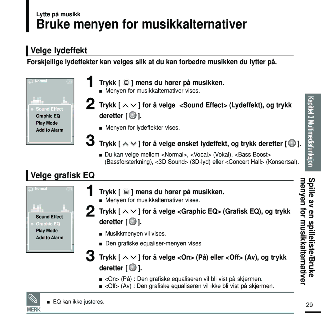 Samsung YP-K5JQB/XEE, YP-K5JAB/XEE, YP-K5JZB/XEE Bruke menyen for musikkalternativer, Velge lydeffekt, Velge grafisk EQ 