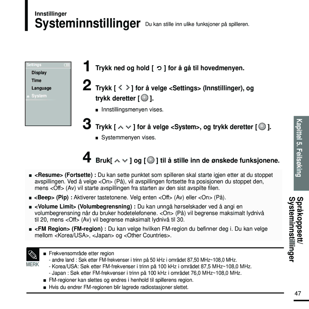 Samsung YP-K5JQB/XEE, YP-K5JAB/XEE, YP-K5JZB/XEE manual Trykk for å velge System, og trykk deretter, Systemmenyen vises 