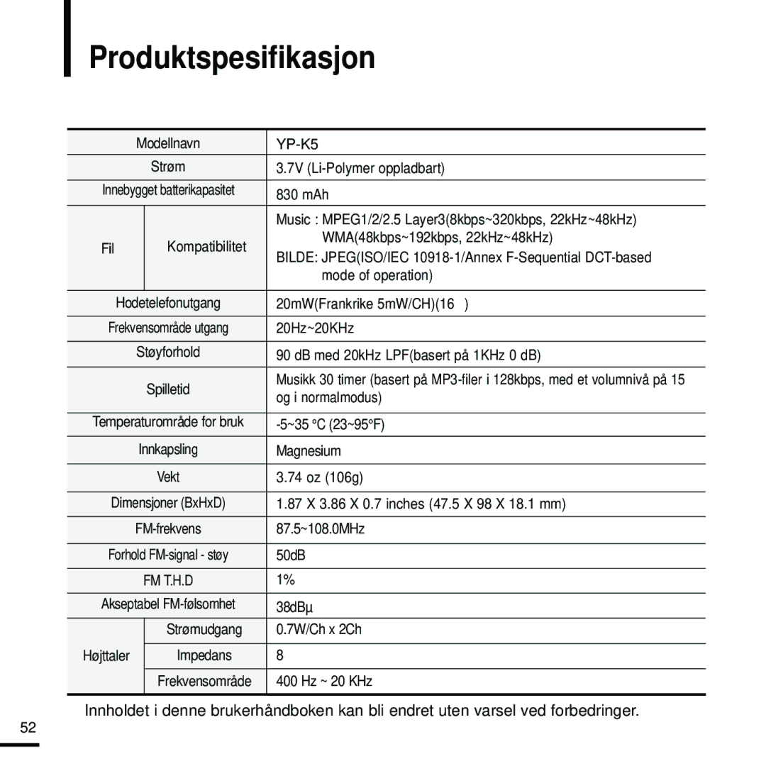 Samsung YP-K5JZB/XEE, YP-K5JAB/XEE, YP-K5JQB/XEE manual Produktspesifikasjon 