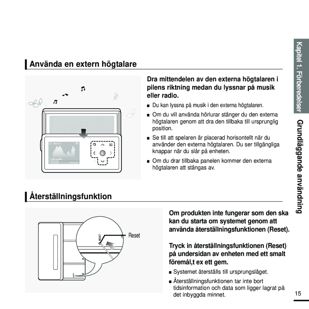 Samsung YP-K5JAB/XEE Använda en extern högtalare, Återställningsfunktion, Örberedelser Grundläggande anvä, Ndning, Reset 