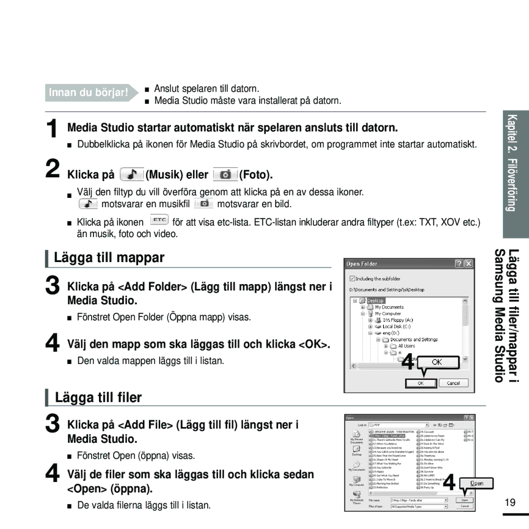 Samsung YP-K5JZB/XEE, YP-K5JAB/XEE, YP-K5JQB/XEE manual Lägga till mappar, Lägga till filer 