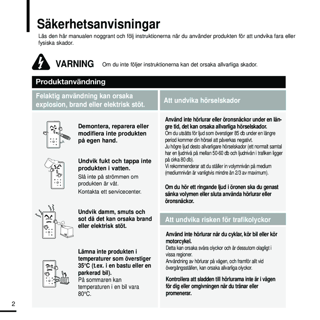 Samsung YP-K5JQB/XEE, YP-K5JAB/XEE, YP-K5JZB/XEE manual Säkerhetsanvisningar, På sommaren kan temperaturen i en bil vara 80C 