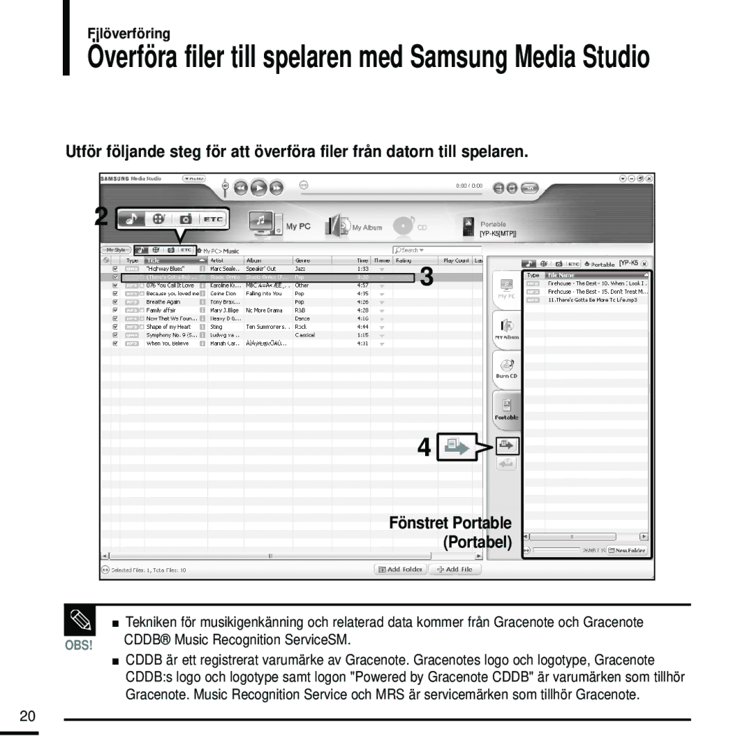 Samsung YP-K5JQB/XEE, YP-K5JAB/XEE manual Överföra filer till spelaren med Samsung Media Studio, Fönstret Portable Portabel 