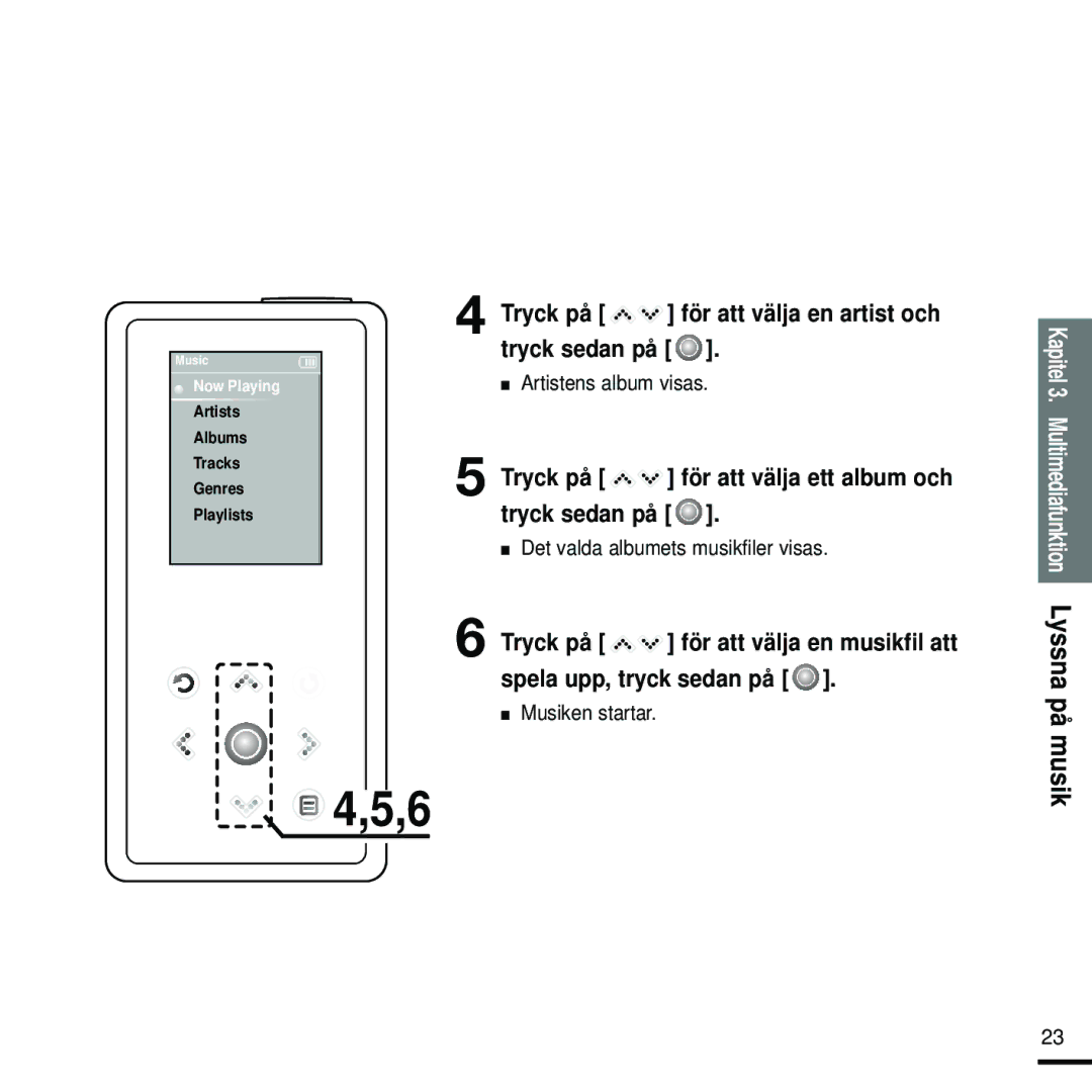 Samsung YP-K5JQB/XEE manual Tryck på för att välja en artist och tryck sedan på, Artistens album visas, Musiken startar 