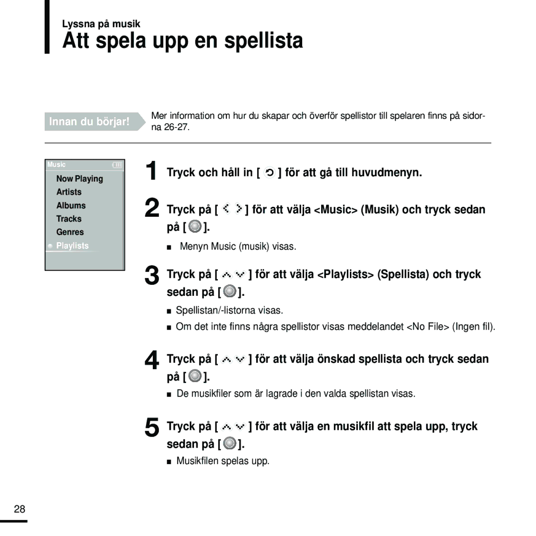 Samsung YP-K5JZB/XEE, YP-K5JAB/XEE manual Att spela upp en spellista, Sedan på, Innan du börjar, Spellistan/-listorna visas 