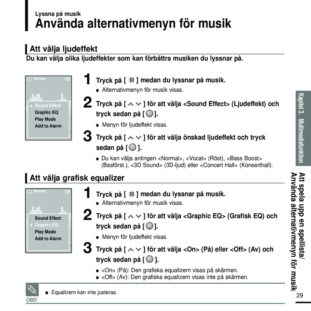 Samsung YP-K5JQB/XEE, YP-K5JAB/XEE Använda alternativmenyn för musik, Att välja ljudeffekt, Att välja grafisk equalizer 