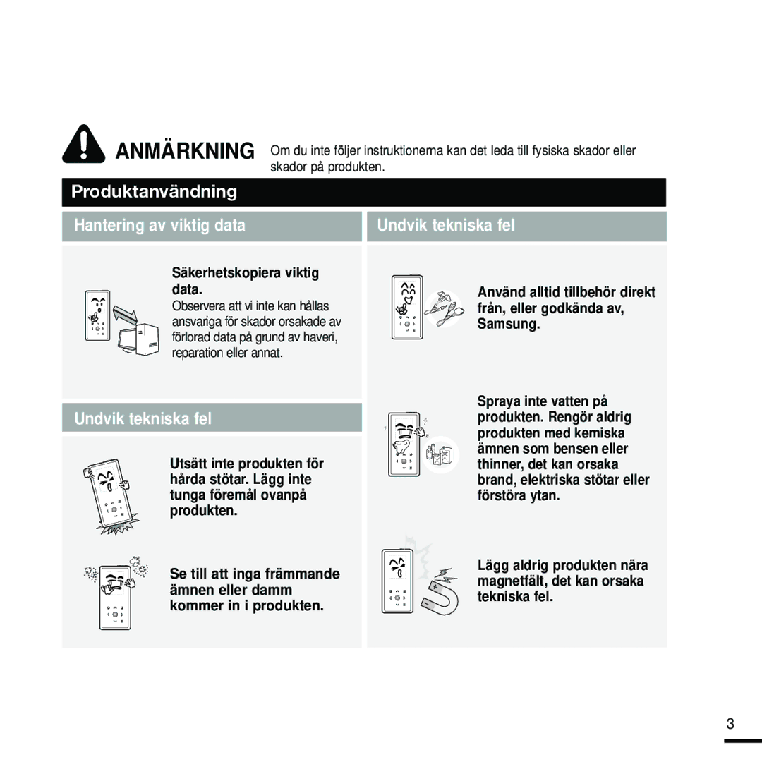 Samsung YP-K5JAB/XEE, YP-K5JZB/XEE, YP-K5JQB/XEE manual Hantering av viktig data, Säkerhetskopiera viktig data 