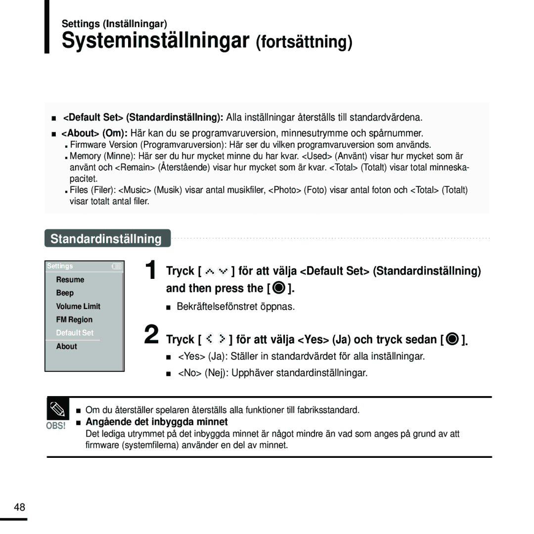 Samsung YP-K5JAB/XEE, YP-K5JZB/XEE manual Systeminställningar fortsättning, Tryck för att välja Yes Ja och tryck sedan 