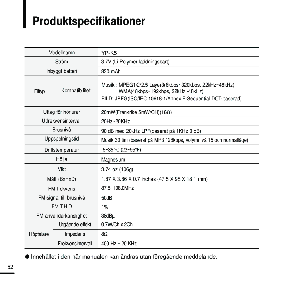 Samsung YP-K5JZB/XEE, YP-K5JAB/XEE, YP-K5JQB/XEE manual Produktspecifikationer 