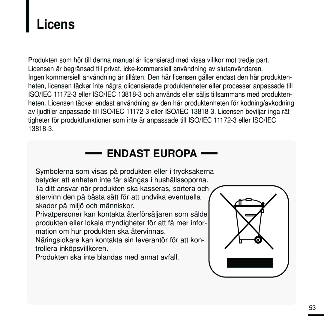 Samsung YP-K5JQB/XEE, YP-K5JAB/XEE, YP-K5JZB/XEE manual Licens, Endast Europa 