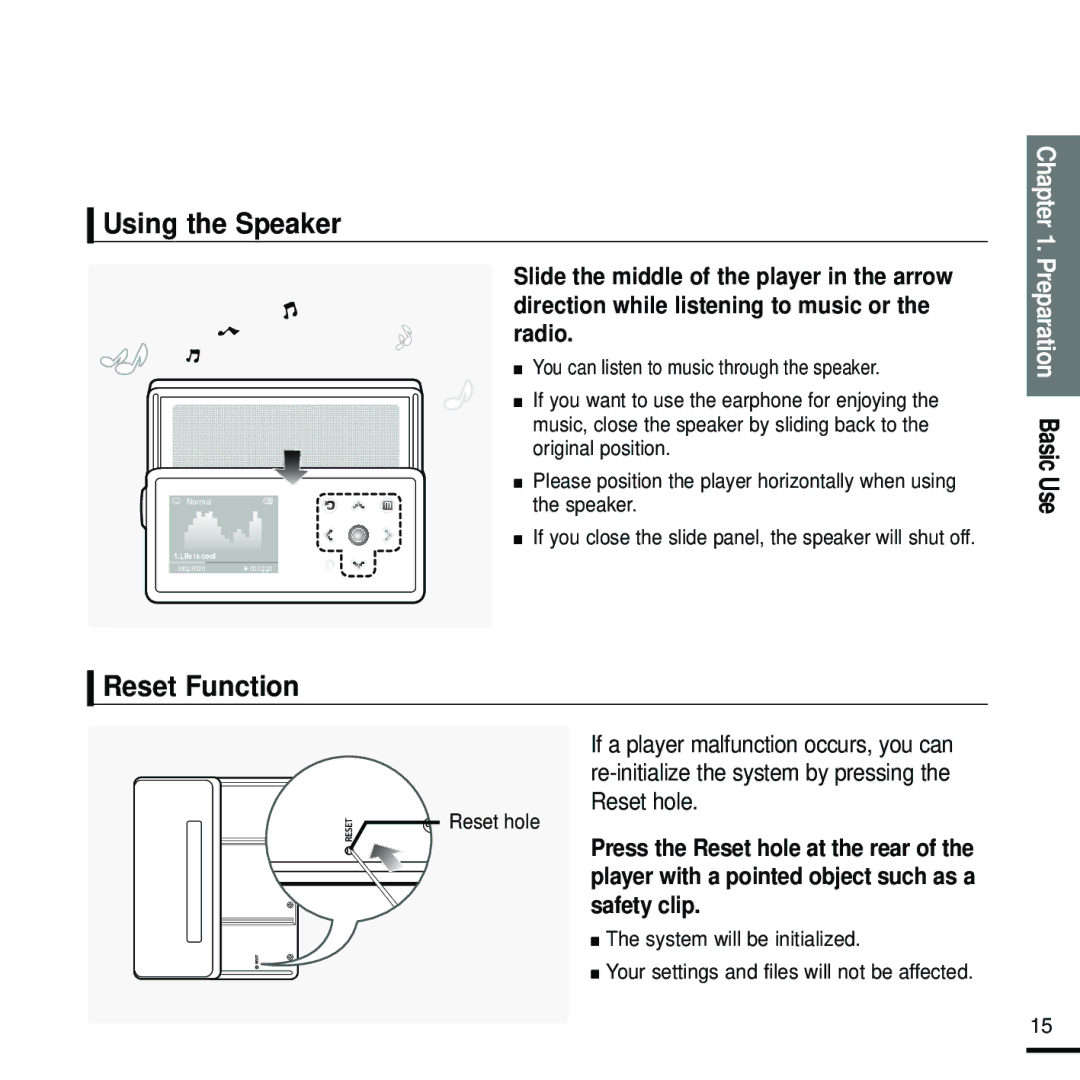 Samsung YP-K5JQB/XET, YP-K5JQB/XEF, YP-K5JZB/XEF, YP-K5JAB/XEF, YP-K5JZB/XET Using the Speaker, Reset Function, Reset hole 