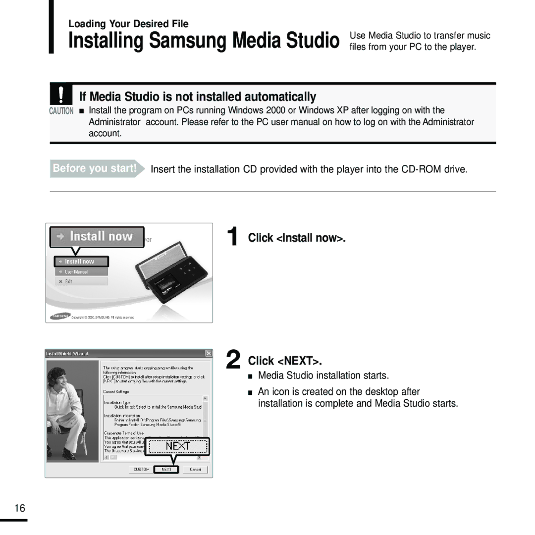 Samsung YP-K5JZB/XET, YP-K5JQB/XEF, YP-K5JZB/XEF manual Click Install now Click Next, Media Studio installation starts 