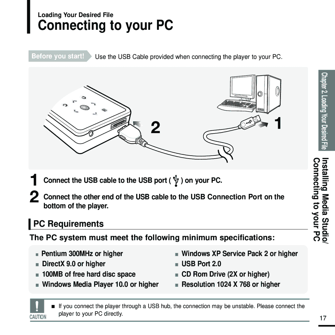 Samsung YP-K5JAB/XET Connecting to your PC, PC Requirements, Bottom of the player, Connect the USB cable to the USB port 