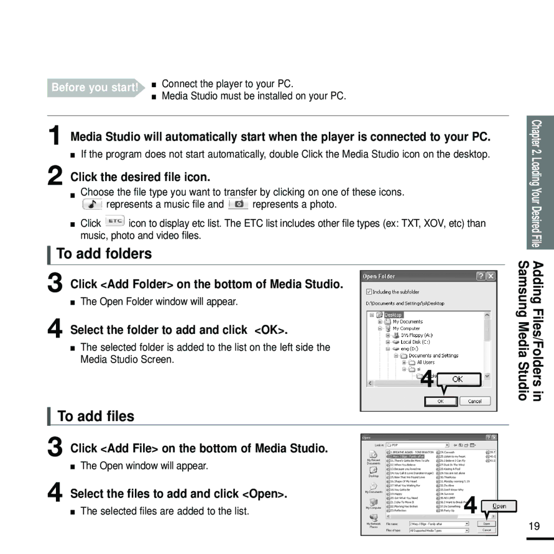 Samsung YP-K5JZB/OMX, YP-K5JQB/XEF, YP-K5JZB/XEF, YP-K5JAB/XEF, YP-K5JQB/XET, YP-K5JZB/XET manual To add folders, To add files 