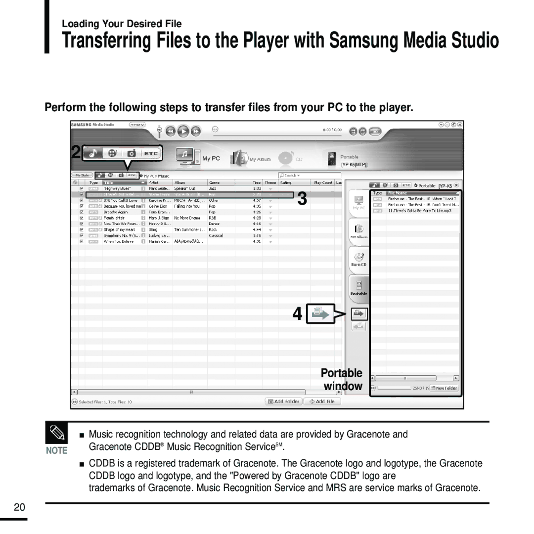 Samsung YP-K5JAB/OMX, YP-K5JQB/XEF manual Transferring Files to the Player with Samsung Media Studio, Portable window 