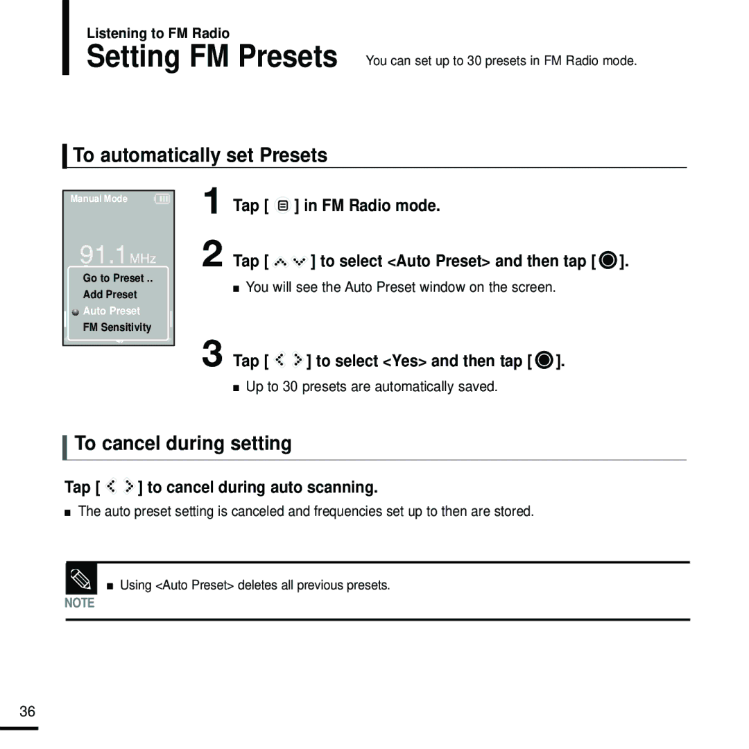 Samsung YP-K5JQB/XEF manual To automatically set Presets, To cancel during setting, Tap to cancel during auto scanning 