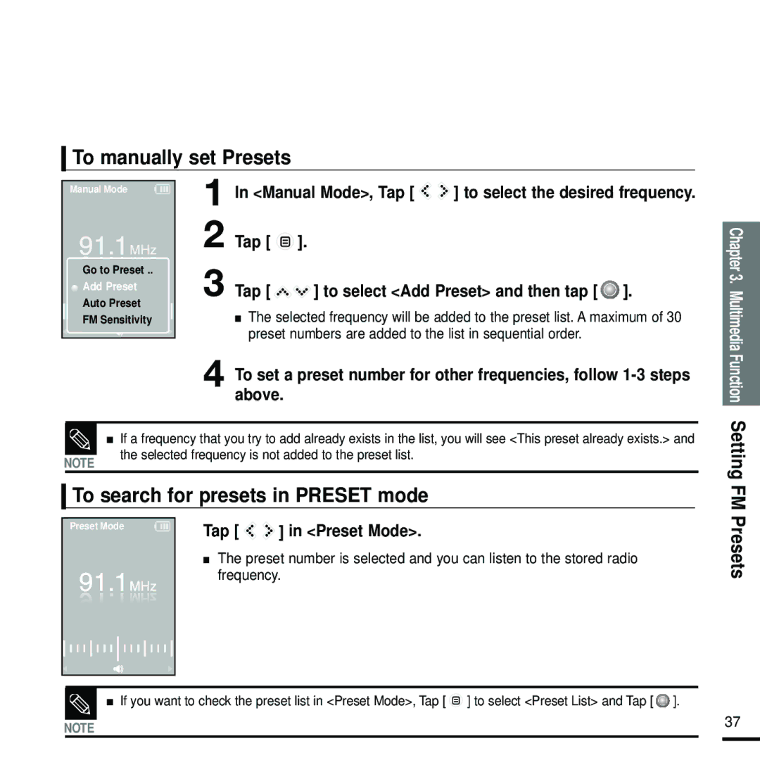 Samsung YP-K5JZB/XEF, YP-K5JQB/XEF, YP-K5JAB/XEF To manually set Presets, To search for presets in Preset mode, FM Presets 