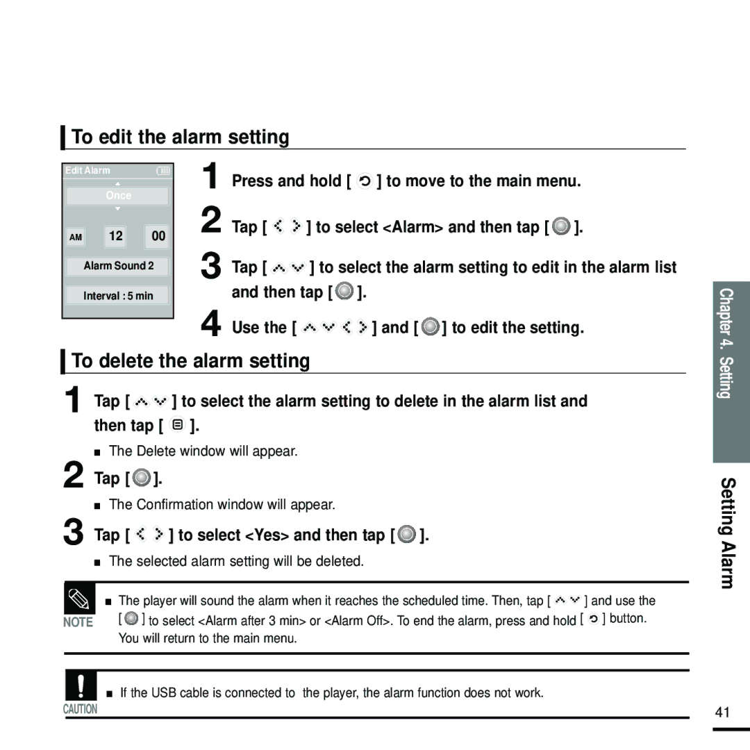 Samsung YP-K5JAB/XET, YP-K5JQB/XEF manual To edit the alarm setting, To delete the alarm setting, To move to the main menu 