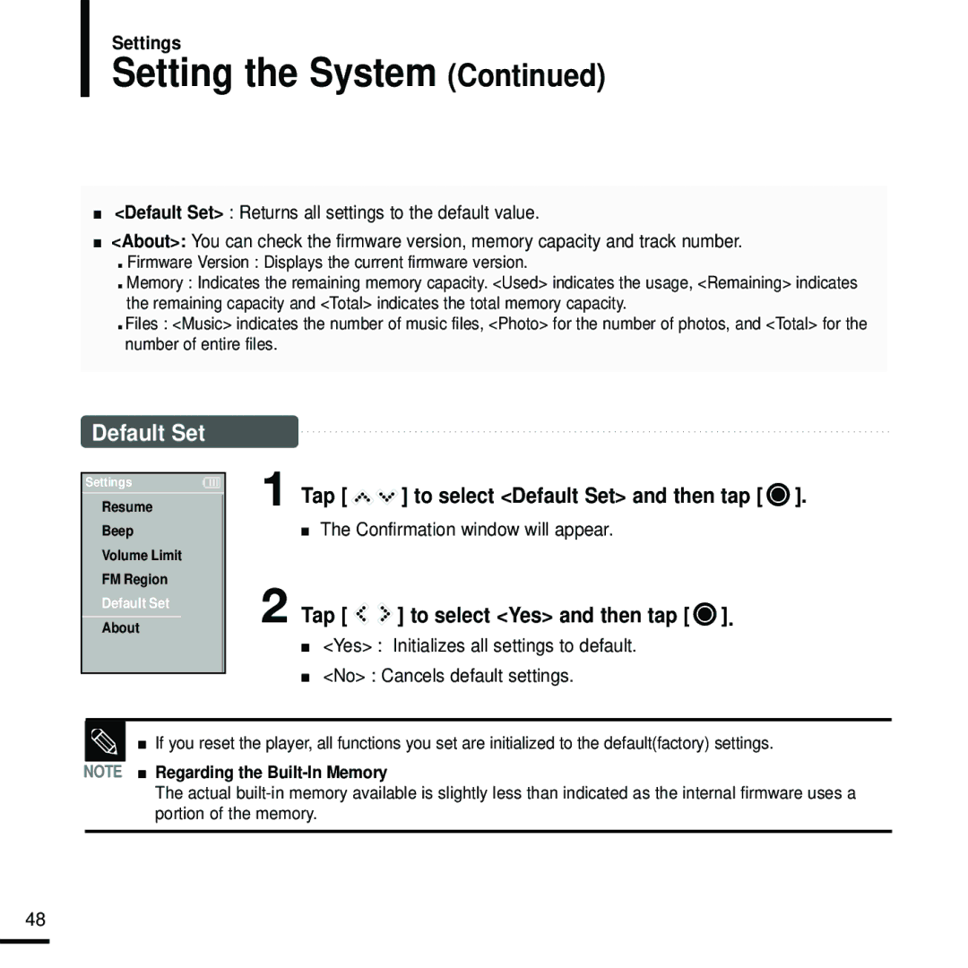 Samsung YP-K5JQB/XEF, YP-K5JZB/XEF, YP-K5JAB/XEF, YP-K5JQB/XET Setting the System, Tap to select Default Set and then tap 