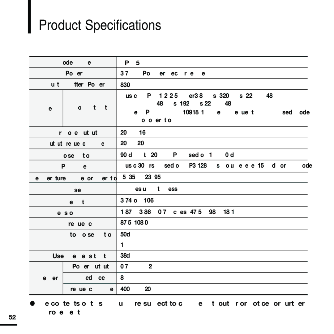 Samsung YP-K5JZB/XET, YP-K5JQB/XEF, YP-K5JZB/XEF, YP-K5JAB/XEF, YP-K5JQB/XET, YP-K5JAB/XET, YP-K5JQB/OMX Product Specifications 