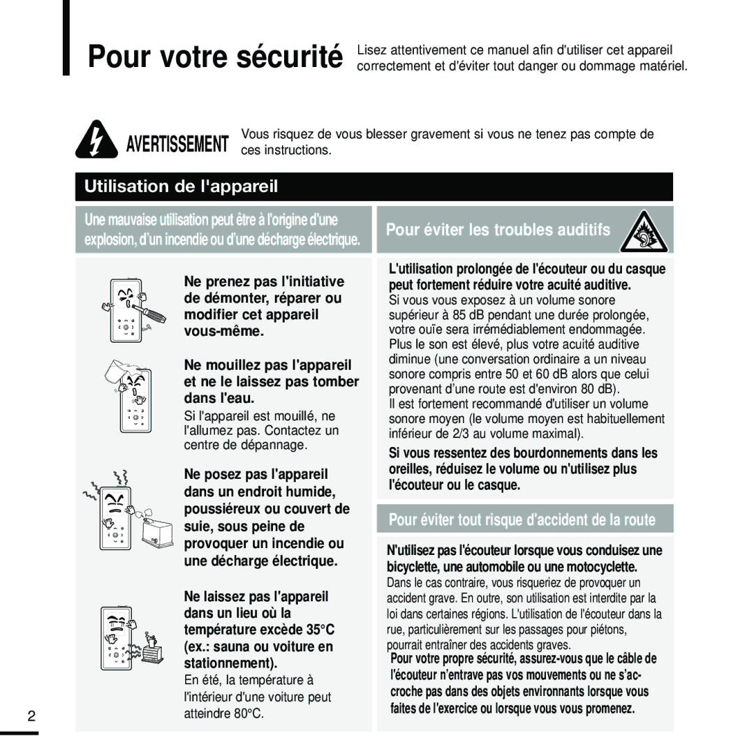 Samsung YP-K5JAB/XEF Modifier cet appareil, Vous-même, Dans leau, Suie, sous peine de, Dans un lieu où la, Stationnement 