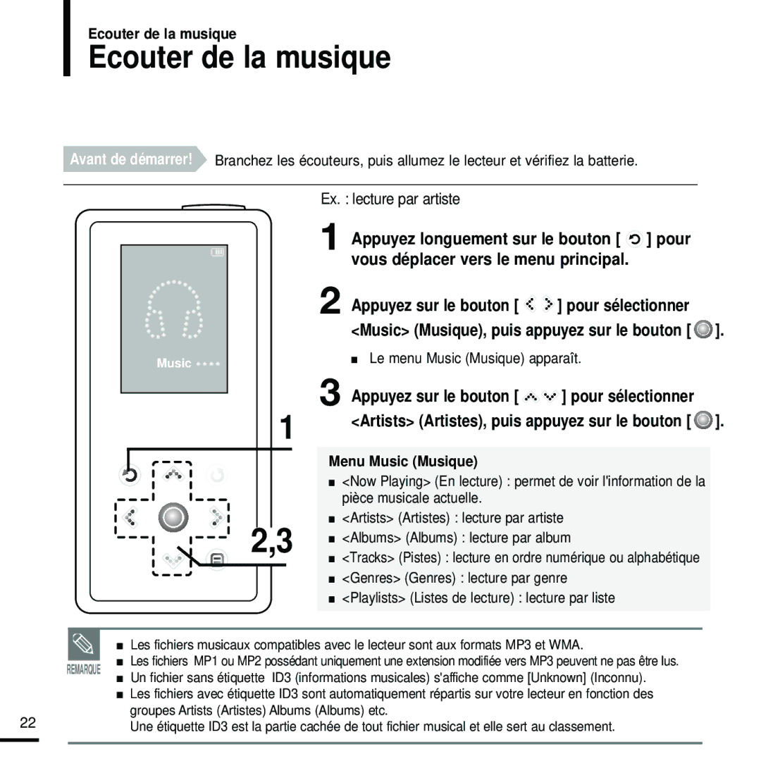 Samsung YP-K5JZB/XEF, YP-K5JQB/XEF, YP-K5JAB/XEF manual Ecouter de la musique, Menu Music Musique 