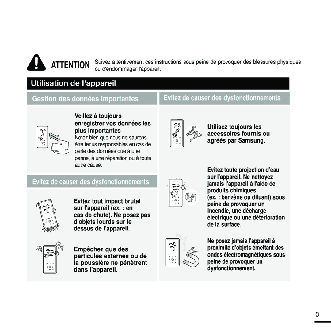 Samsung YP-K5JQB/XEF, YP-K5JZB/XEF, YP-K5JAB/XEF manual Gestion des données importantes 