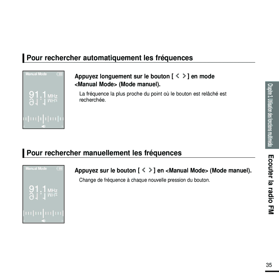 Samsung YP-K5JAB/XEF manual Pour rechercher automatiquement les fréquences, Pour rechercher manuellement les fréquences 