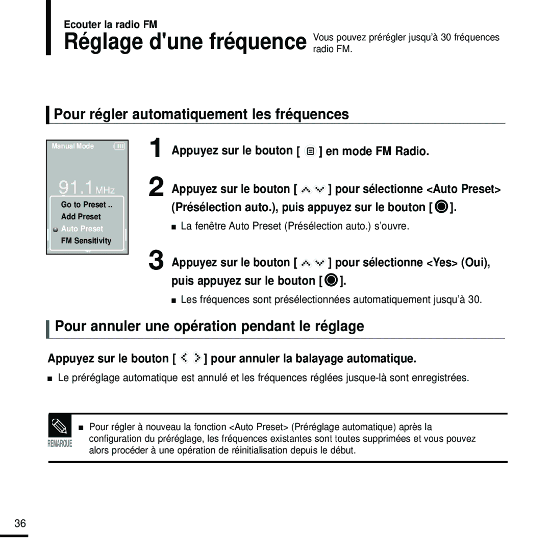 Samsung YP-K5JQB/XEF manual Pour régler automatiquement les fréquences, Pour annuler une opération pendant le réglage 