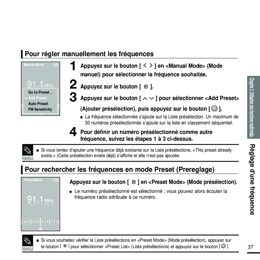 Samsung YP-K5JZB/XEF Pour régler manuellement les fréquences, Pour rechercher les fréquences en mode Preset Prereglage 