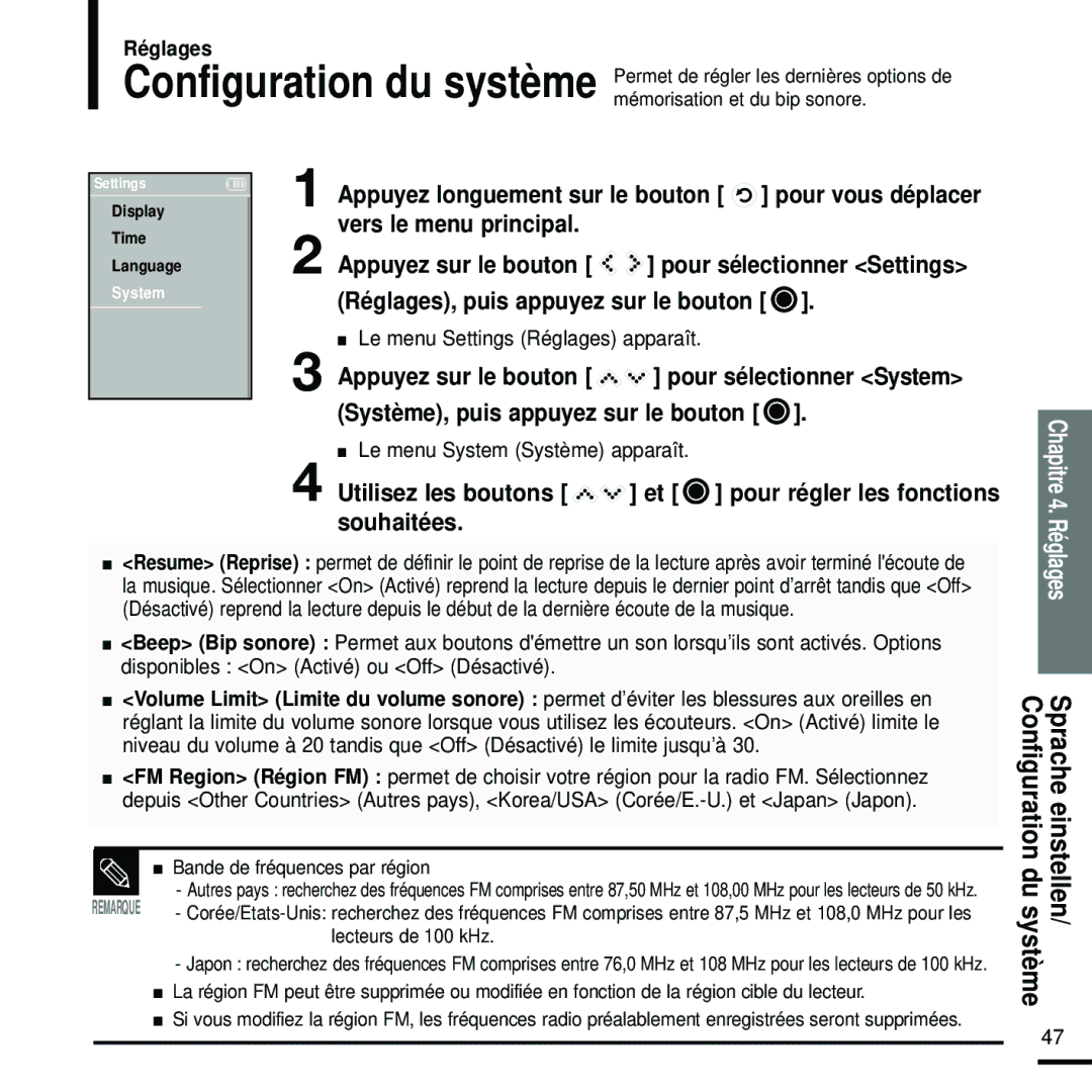 Samsung YP-K5JAB/XEF Configuration du syst Sprache einstellen Ème, Appuyez longuement sur le bouton pour vous déplacer 