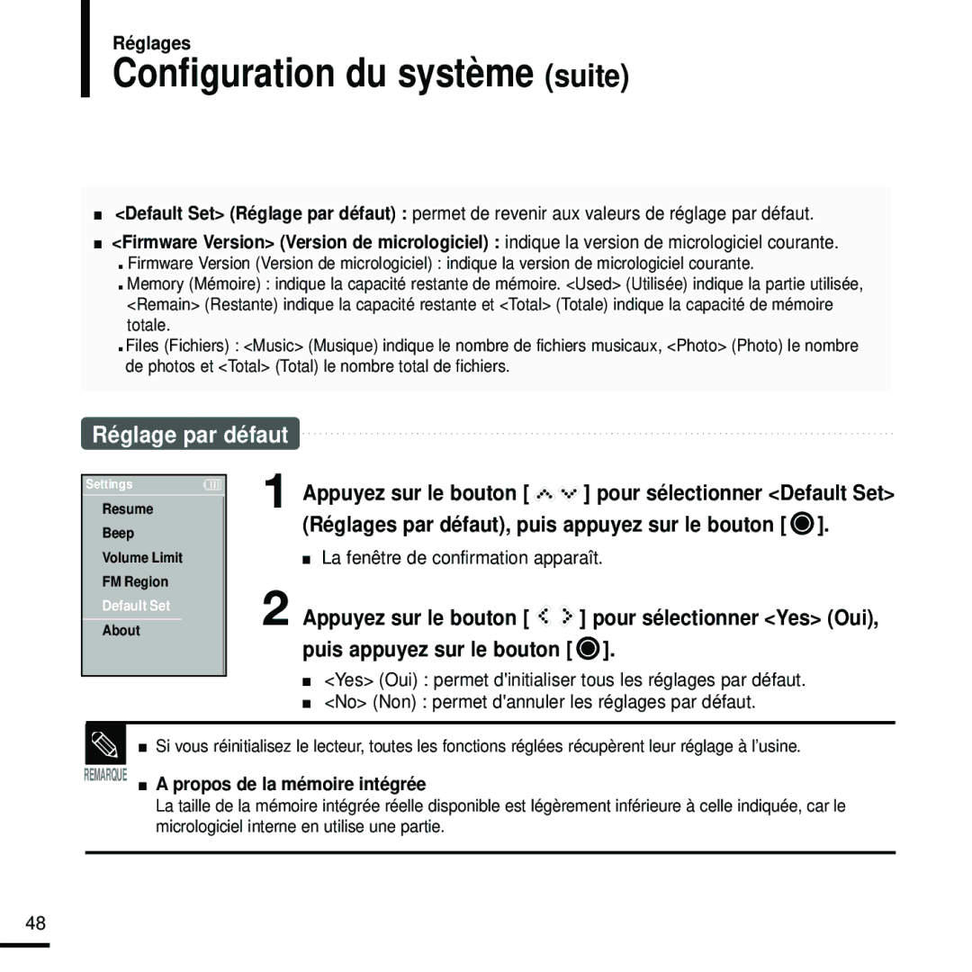 Samsung YP-K5JQB/XEF, YP-K5JZB/XEF, YP-K5JAB/XEF Configuration du système suite, Remarque a propos de la mémoire intégrée 