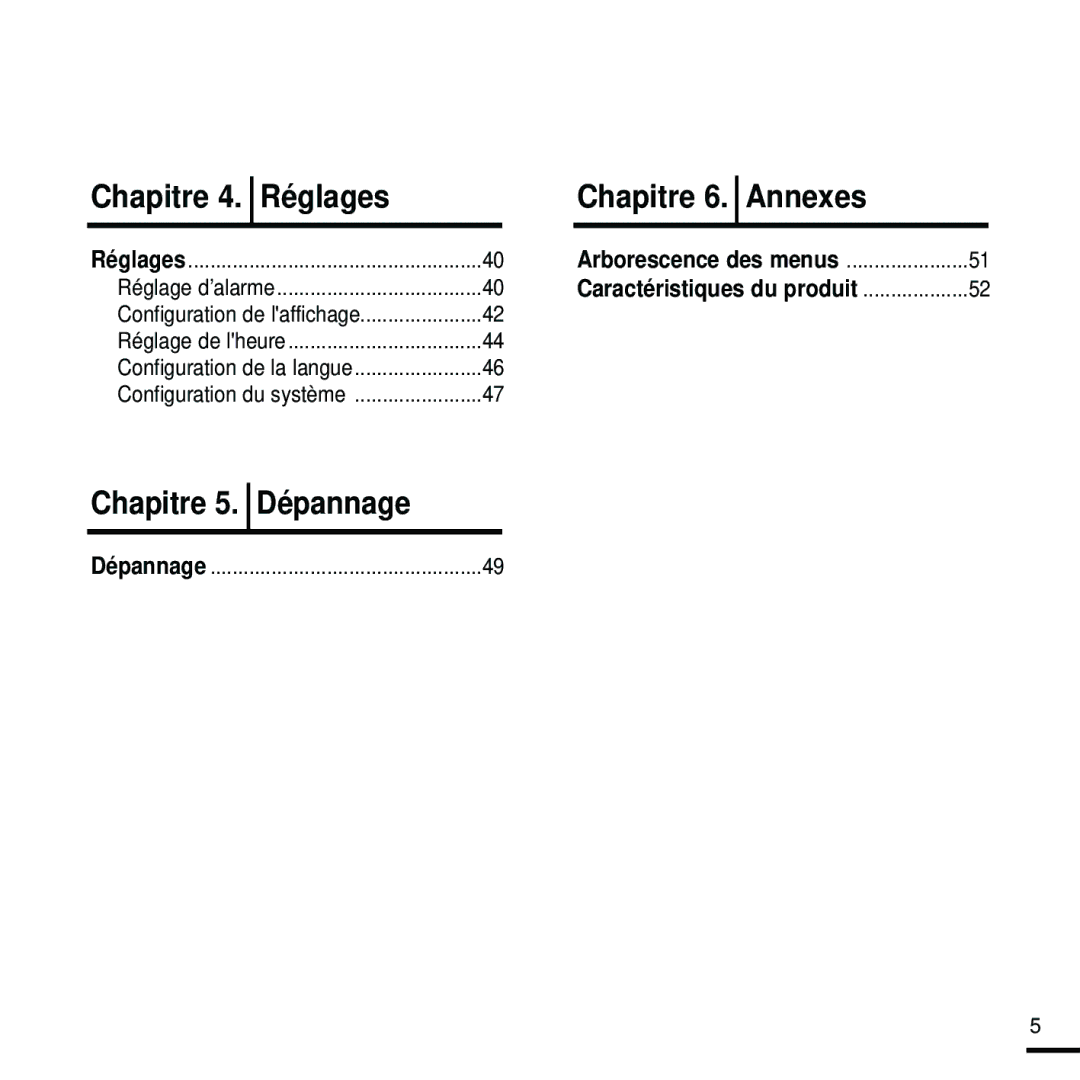 Samsung YP-K5JAB/XEF, YP-K5JQB/XEF, YP-K5JZB/XEF manual Chapitre 4. Réglages, Arborescence des menus 