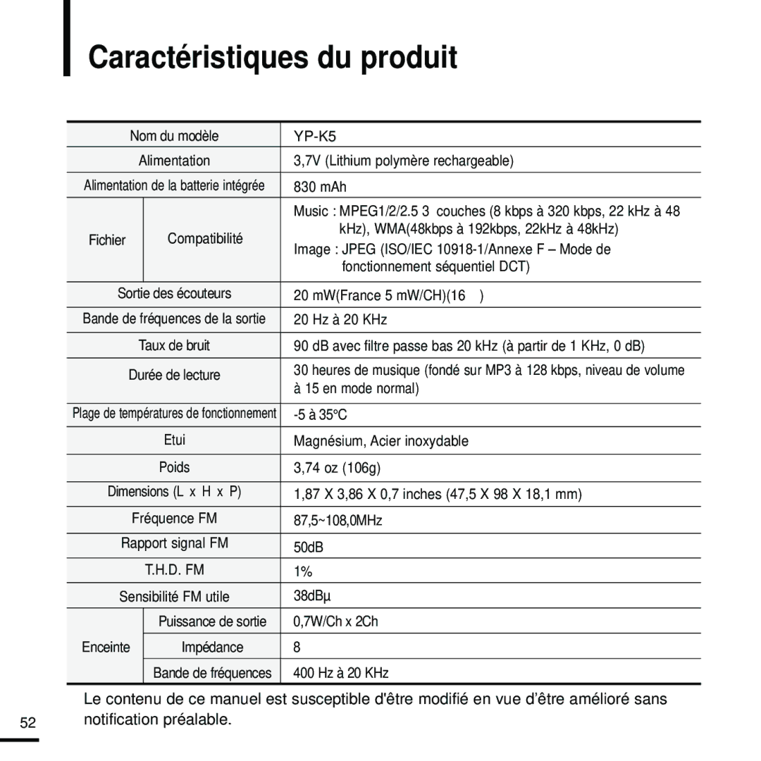 Samsung YP-K5JZB/XEF, YP-K5JQB/XEF, YP-K5JAB/XEF manual Caractéristiques du produit 